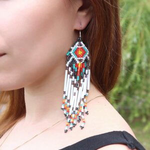 Coeufuedy White Beaded Earrings for Women Seed Bead Earrings Bohemian Statement Drop Fringe Earring for Girls(White)