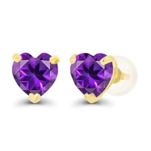 Solid 14K Yellow Gold 6mm Heart Natural Purple Amethyst February Birthstone Genuine Stud Earrings For Women