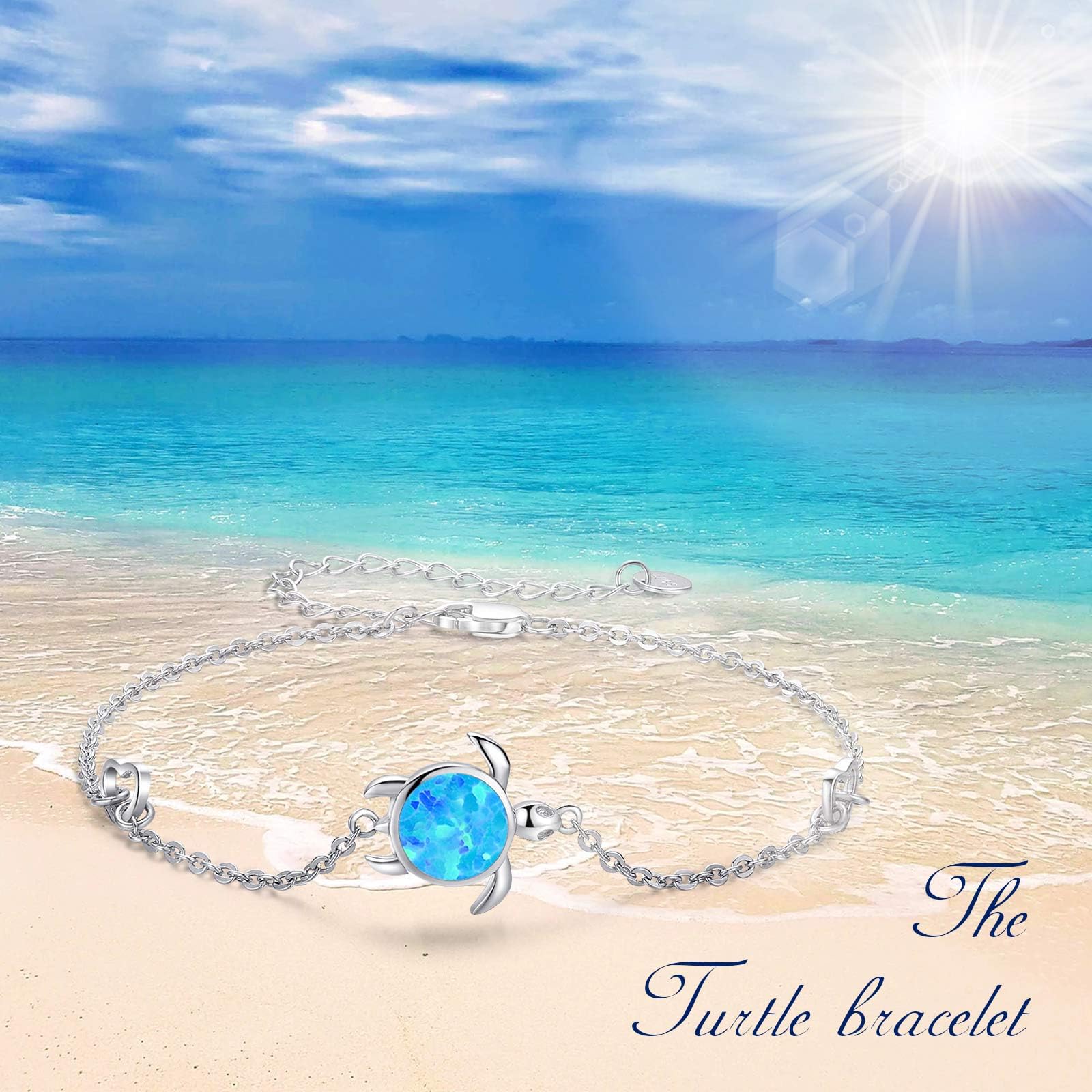 Cuoka Turtle Bracelet 925 Sterling Silver Opal Turtle Jewelry Sea Turtle Bracelet Ocean Nature Bracelet Turtle Gift for Her for Women (B-Blue Opal)