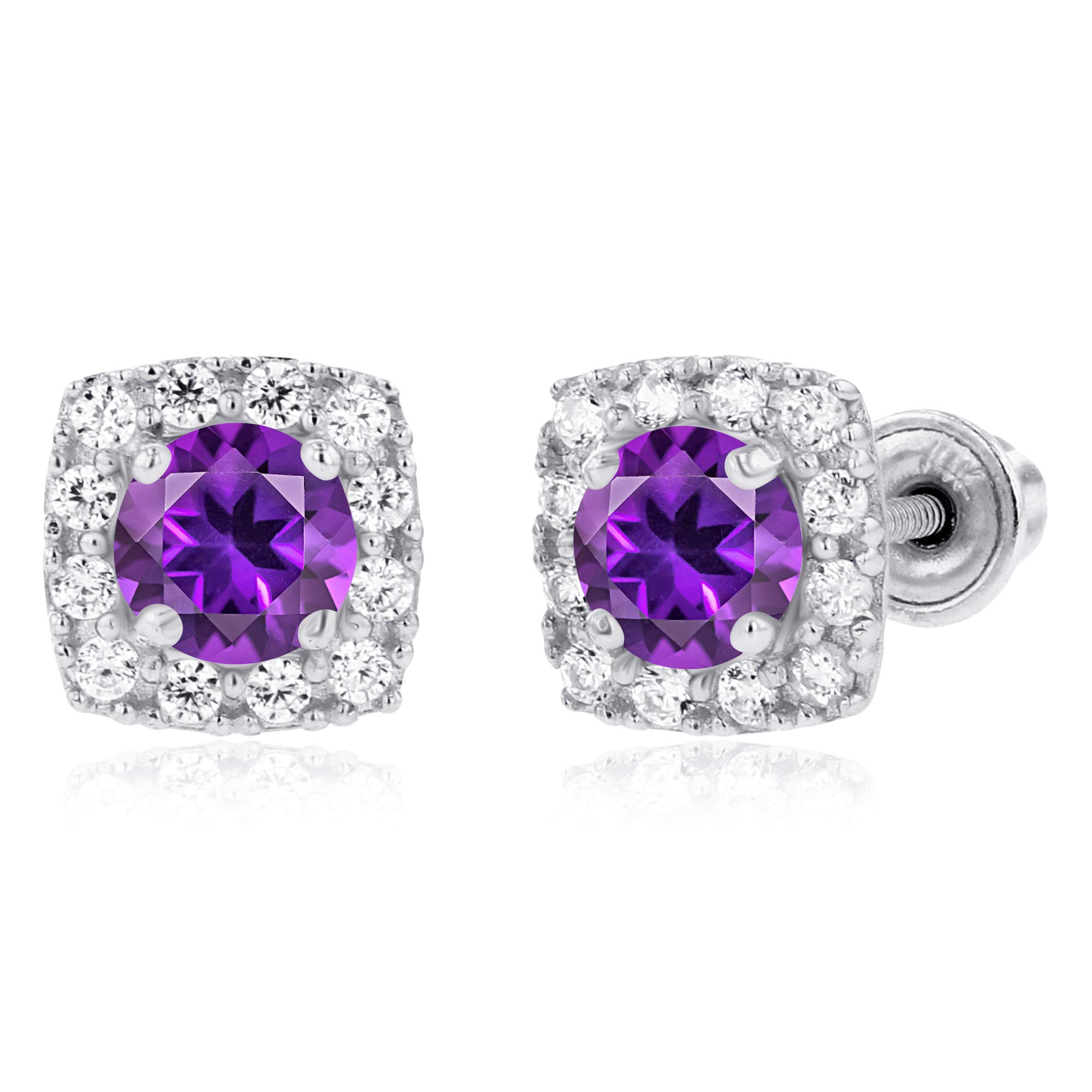 Solid 14K White Gold 4mm Natural Purple Amethyst February Birthstone & 1mm Created White Sapphire Cushion Halo Screwback Earrings For Women