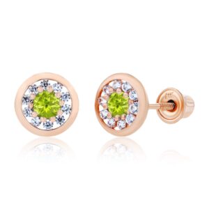 solid 14k rose gold 6mm circle 2.50mm natural green peridot august birthstone screwback stud earrings for women | 1mm created white sapphire pave circle screwback earrings for women