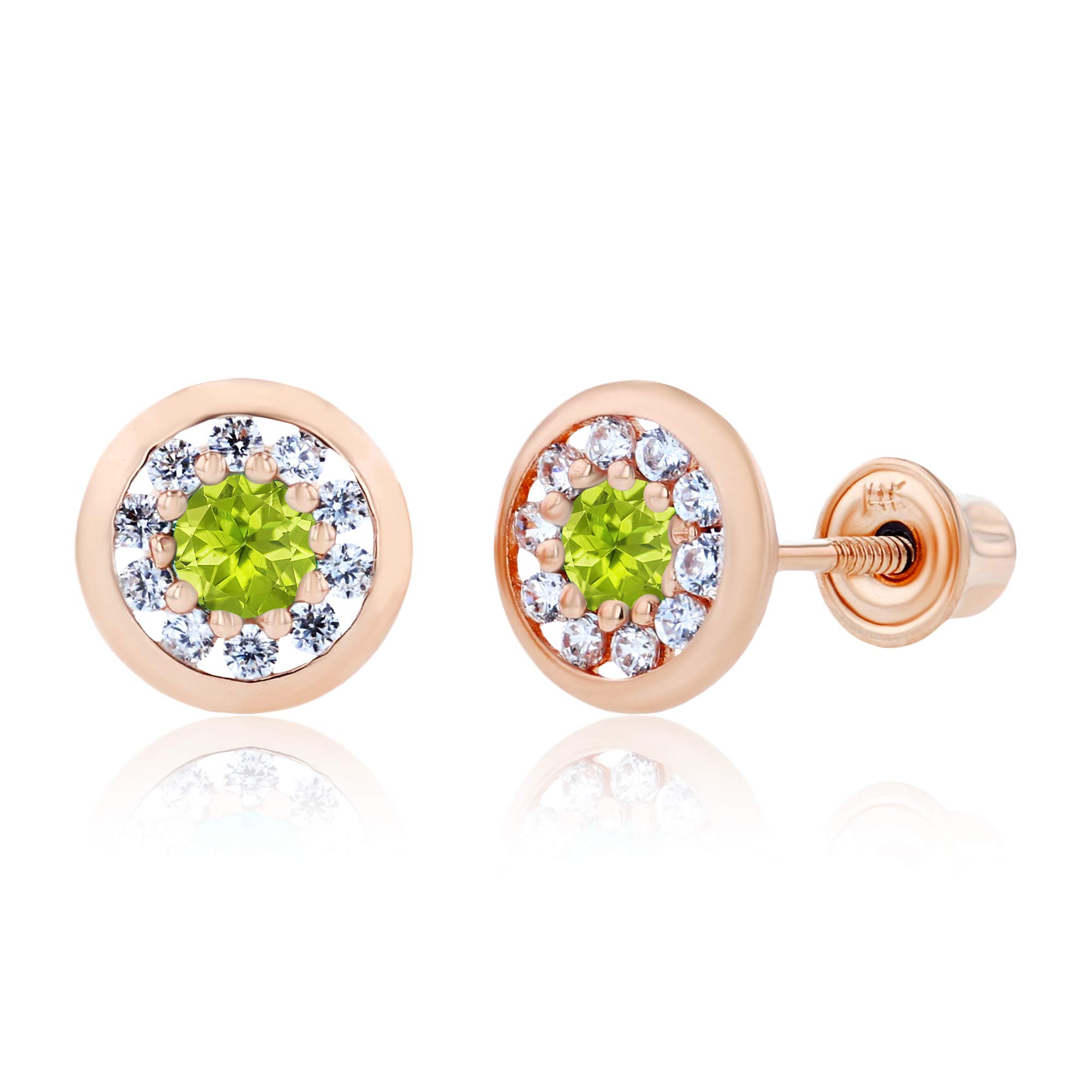 Solid 14K Rose Gold 6mm Circle 2.50mm Natural Green Peridot August Birthstone Screwback Stud Earrings For Women | 1mm Created White Sapphire Pave Circle Screwback Earrings For Women