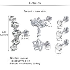 MODRSA 16G Cartilage Piercing Jewelry Tragus Earrings Forward Helix Piercing Jewelry for Women Stainless Steel Cubic Zirconia Stud Earrings Silve