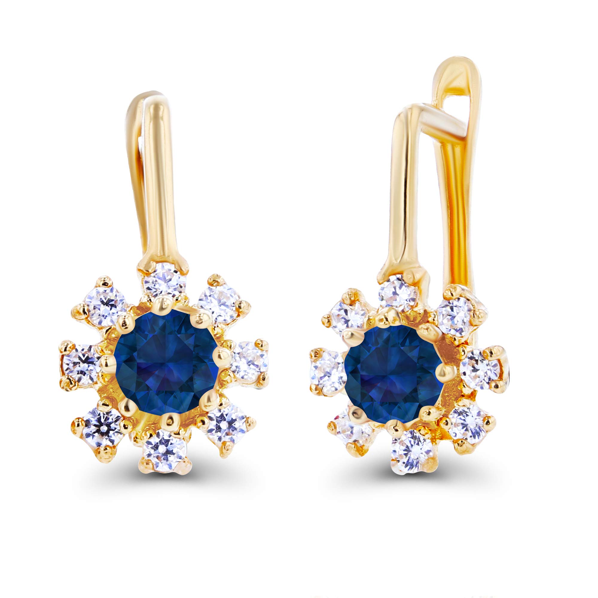 Solid 14K Yellow Gold Round 3mm Created Blue Sapphire September Birthstone Flower Huggie Earrings For Women & 1mm Created White Sapphire Flower Huggie Hoop Earrings For Women