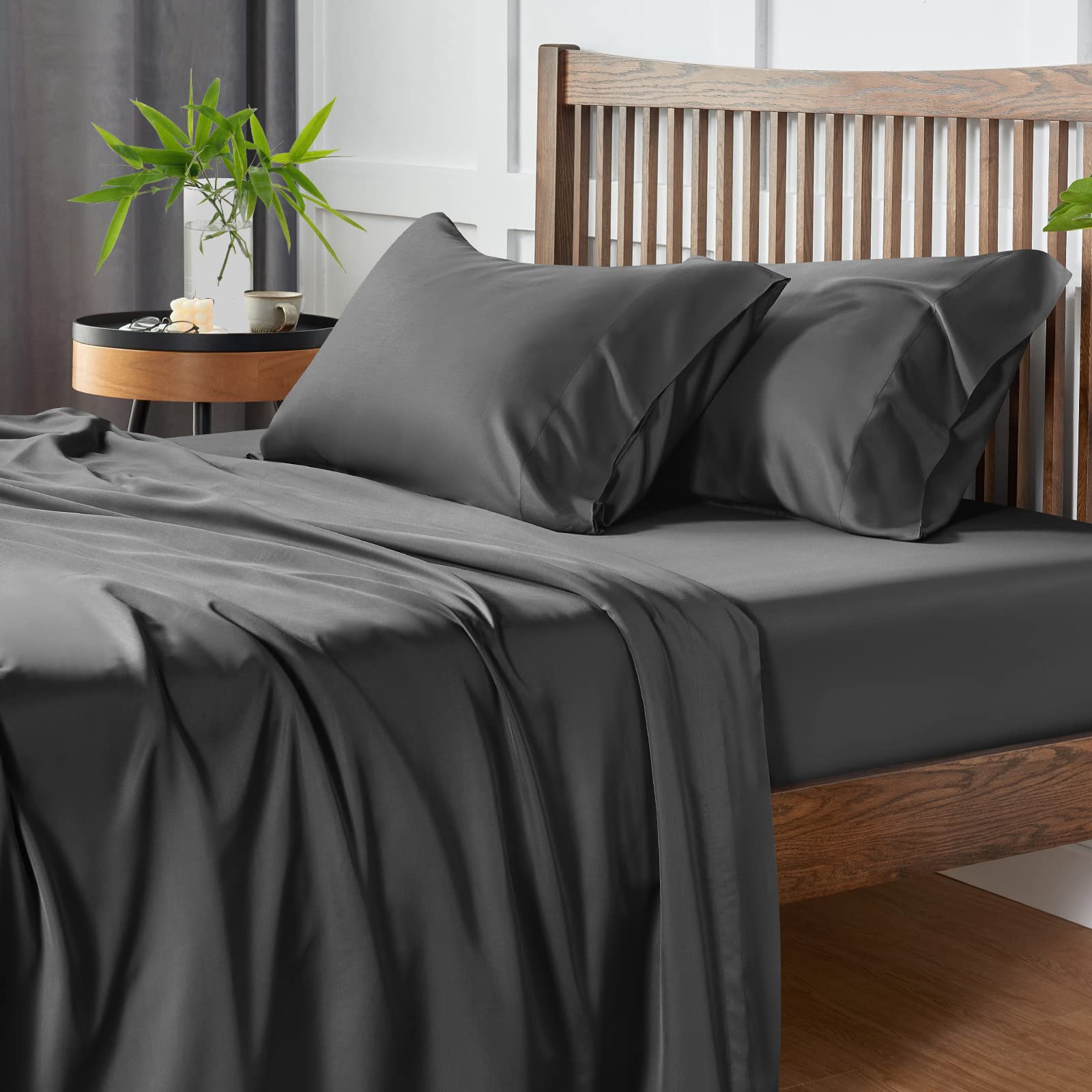 CozyLux Cooling Sheets Queen Size, Rayon derived from Bamboo, Oeko-TEX Certified Luxuriously Soft & Cooling Silky Sheet Set - 16" Deep Pockets 4 Piece Bedding Sheets & Pillowcases，Dark Grey