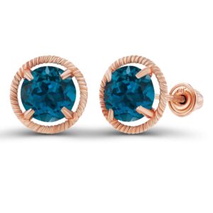 Solid 14K Rose Gold 6mm Round Natural London Blue Topaz December Birthstone Screwback Earrings For Women