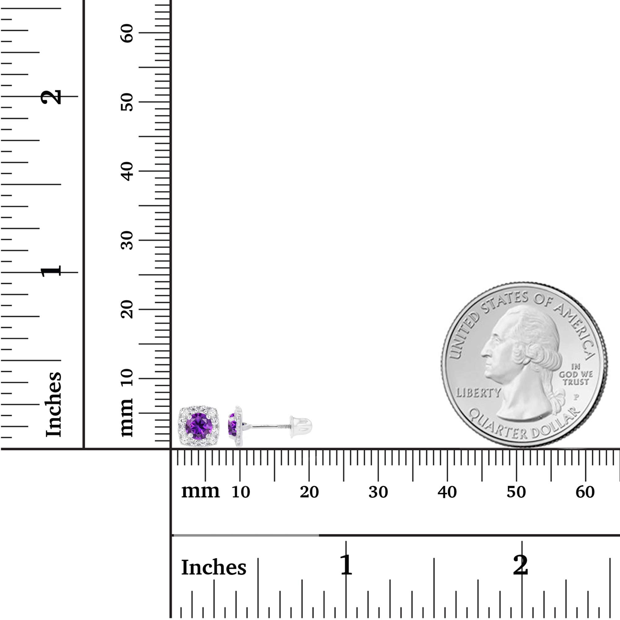 Solid 14K White Gold 4mm Natural Purple Amethyst February Birthstone & 1mm Created White Sapphire Cushion Halo Screwback Earrings For Women