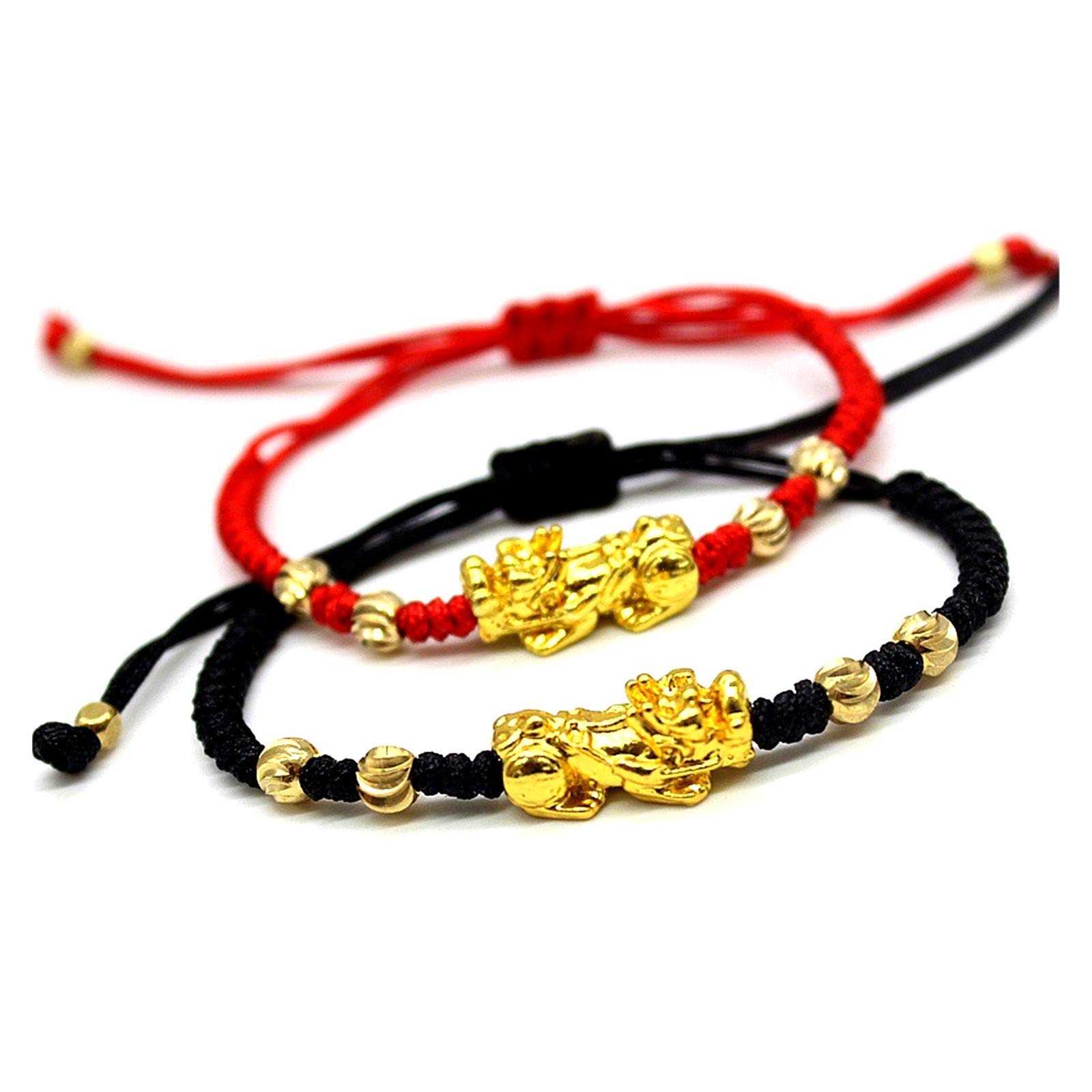 N/Q Handmade Carved Mantra Stone Pi Xiu Feng Shui Black Obsidian Wealth Lucky Bracelet for Women Men Adjustable 14K Gold Plated Braided Rope Amulet Bracelet Protection Jewelry-C black red