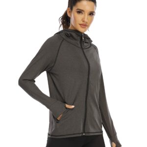 Koscacy Zip Up Hoodie Women,Lightweight Long Sleeve Full Zip Up Fitness Athletic Hoody High Elastic Ultra Soft Light Weight Sweater Sweatshirt Black Heather X-Large