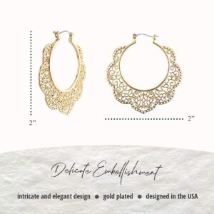 Bohemian Boho Filigree Hoop Earrings for Women – Intricate & Delicate Cutout Design Details – Tribal Floral Gypsy Lightweight Geometric Metallic Statement Earrings (Outer Floral - Gold)