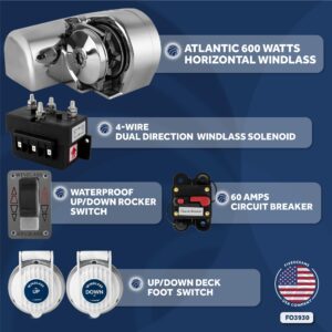 Five Oceans Horizontal Windlass Anchor System, Windlass Atlantic 600 Watts, 12V DC, Max Limit Pulling Power 1200 Lb, Solenoid, 60A Circuit Breaker, Up/Down Foot Switch and Rocker Switch - FO3930