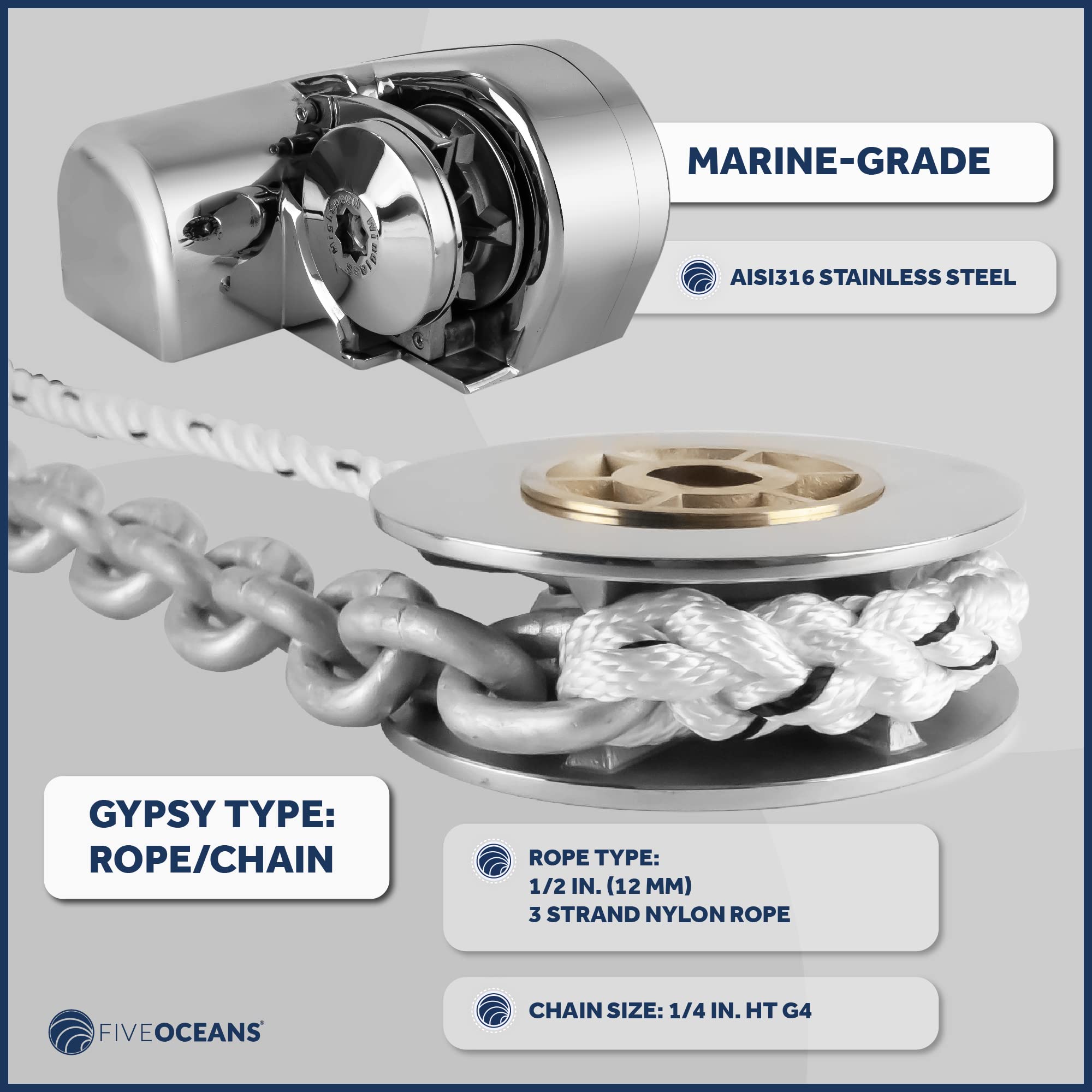 Five Oceans Horizontal Windlass Anchor System, Windlass Atlantic 600 Watts, 12V DC, Max Limit Pulling Power 1200 Lb, Solenoid, 60A Circuit Breaker, Up/Down Foot Switch and Rocker Switch - FO3930