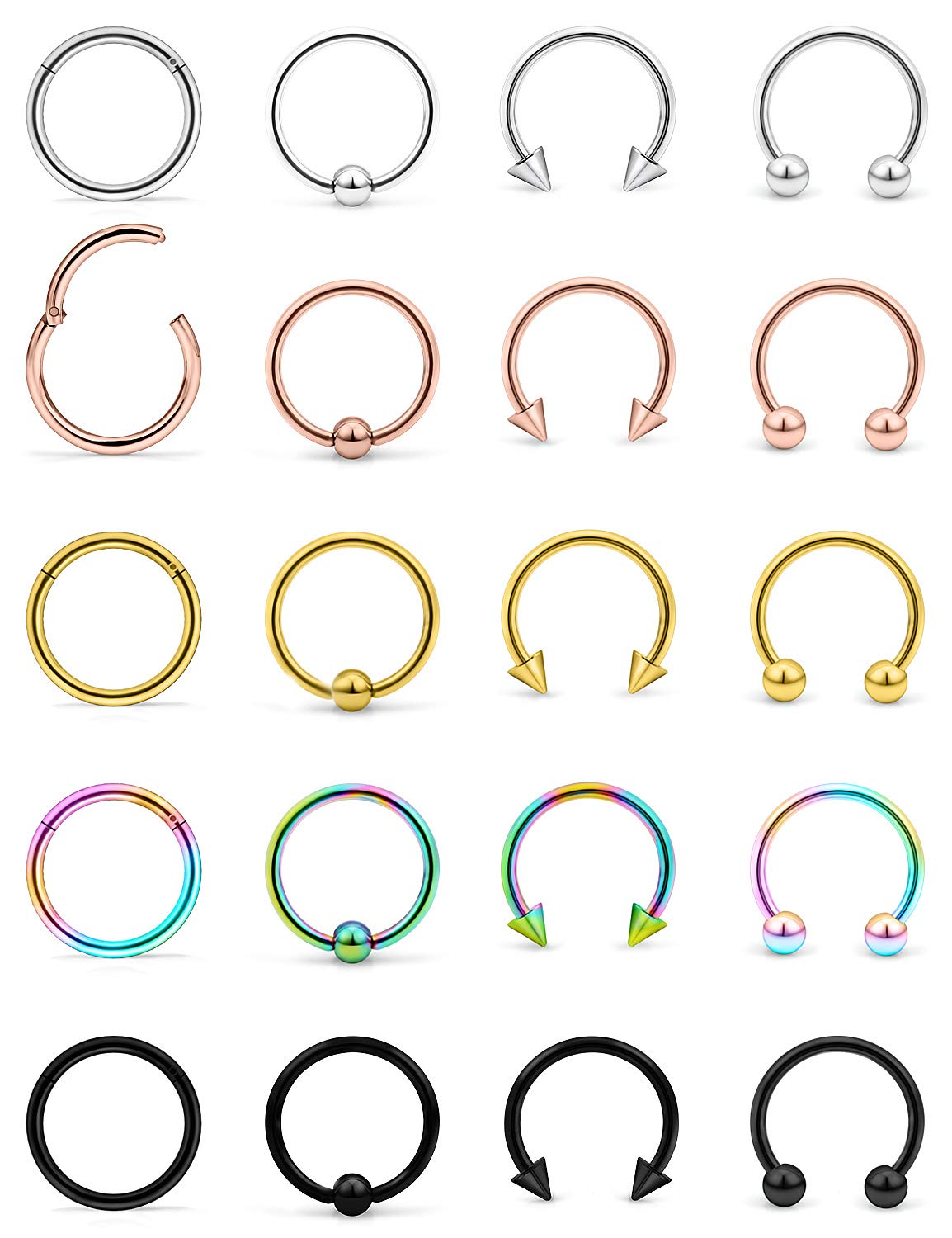 Lcolyoli 20Pcs 16G Surgical Steel Septum Piercing Nose Hoop Clicker Ring Lip Labret Conch Helix Cartilage Earring Hoop Jewelry for Women Men Horseshoe Silver-tone Black Rainbow 10mm 3/8inch