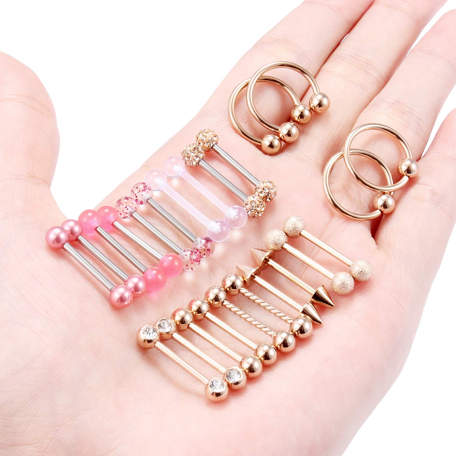 Lcolyoli 24PCS 14G Nipple Rings Stainless Steel Nipplerings Elegant CZ Tongue Rings Straight Barbell Retainer Body Piercing Jewelry for Women 9/16Inch Rose Gold