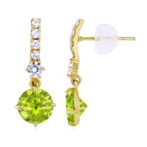 Solid 14K Yellow Gold 6mm Natural Green Peridot August Birthstone Dangling Stud Earrings For Women & 1mm Created White Sapphire Bridal Dangling Earrings For Women