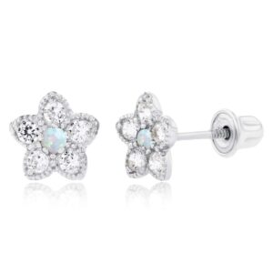 Solid 14K White Gold 6mm Flower 1.75mm Created Opal October Birthstone Screwback Stud Earrings | 1.50mm Created White Sapphire Flower Screwback Earrings For Women