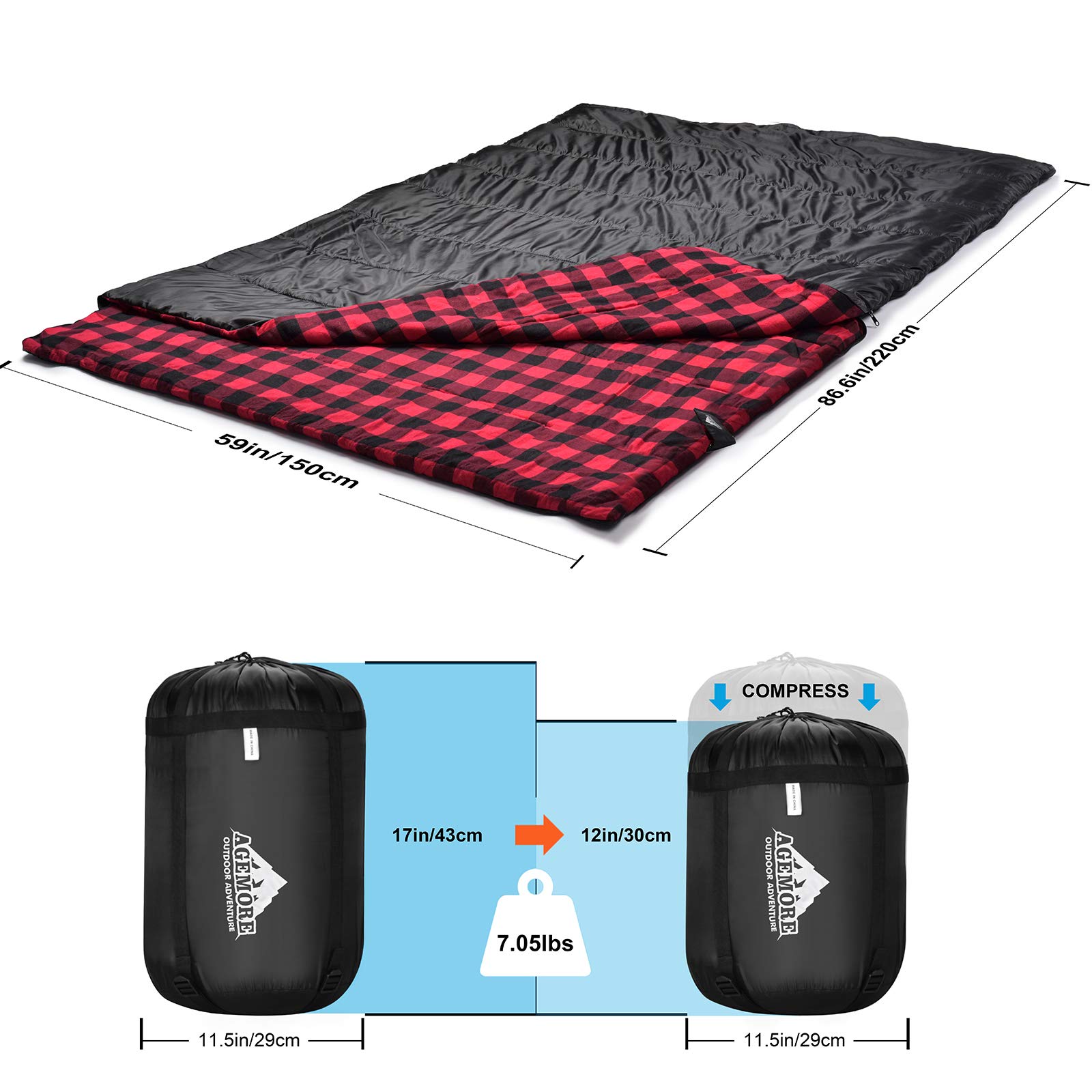 Cotton Flannel Double Sleeping Bag for Camping, Backpacking, Or Hiking. Queen Size 2 Person Waterproof Sleeping Bag for Adults Or Teens. Truck, Tent, Or Sleeping Pad, Lightweight（Pillows NOT Include）