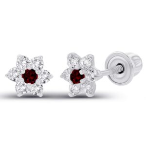 solid 14k rose gold 1.50mm natural red garnet january birthstone flower screwback stud earrings | 5mm flower earrings | 1.25mm created white sapphire flower screwback earring