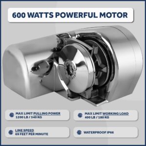 Five Oceans Horizontal Windlass Anchor System, Windlass Atlantic 600 Watts, 12V DC, Max Limit Pulling Power 1200 Lb, Solenoid, 60A Circuit Breaker, Up/Down Foot Switch and Rocker Switch - FO3930