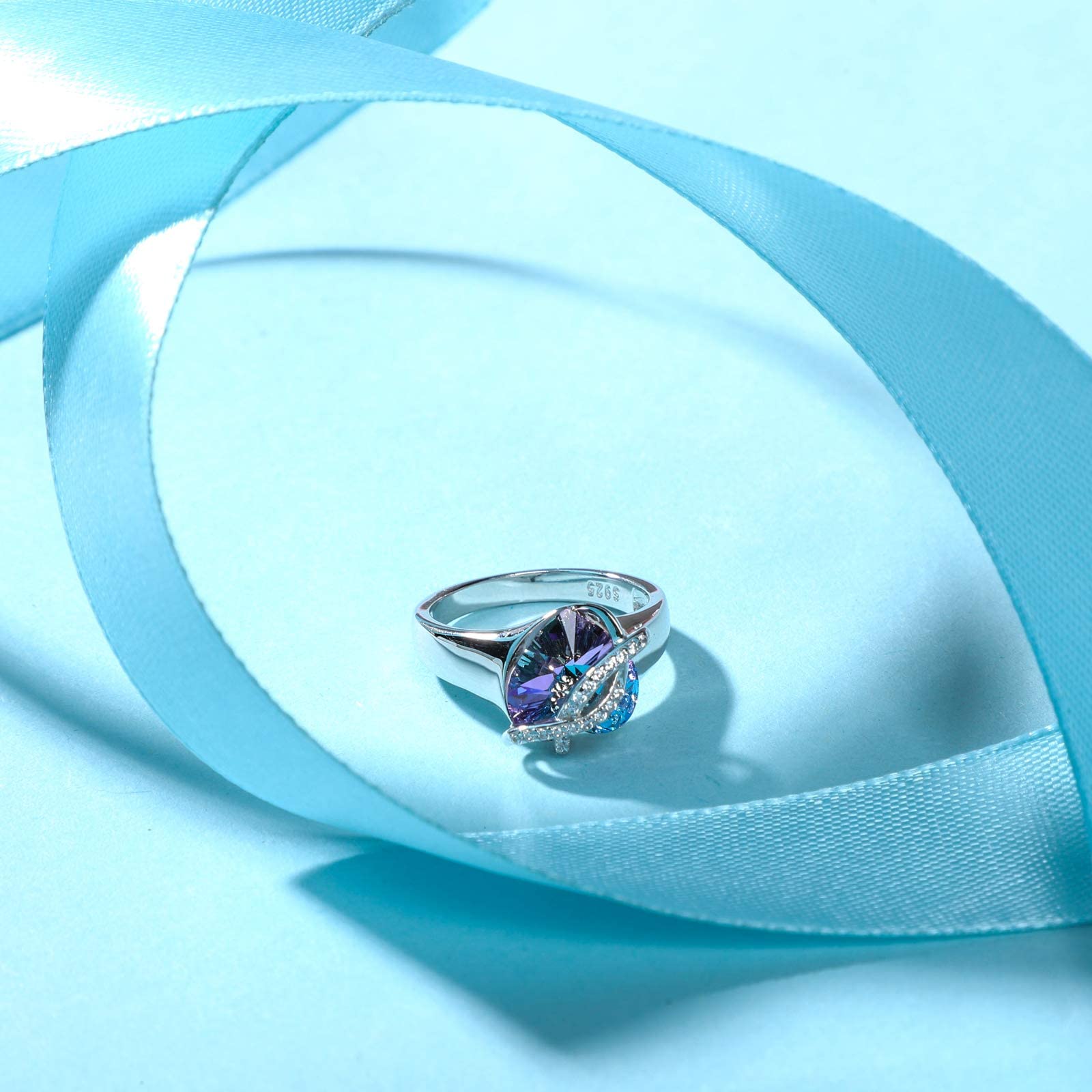 AOBOCO Infinity Heart Ring Sterling Silver Blue Purple Heart Ring with Crystal from Austria, Anniversary Birthday I Love You Jewelry Gifts for Women Wife Girlfriend Daughter Mom Grandma(Size 7)