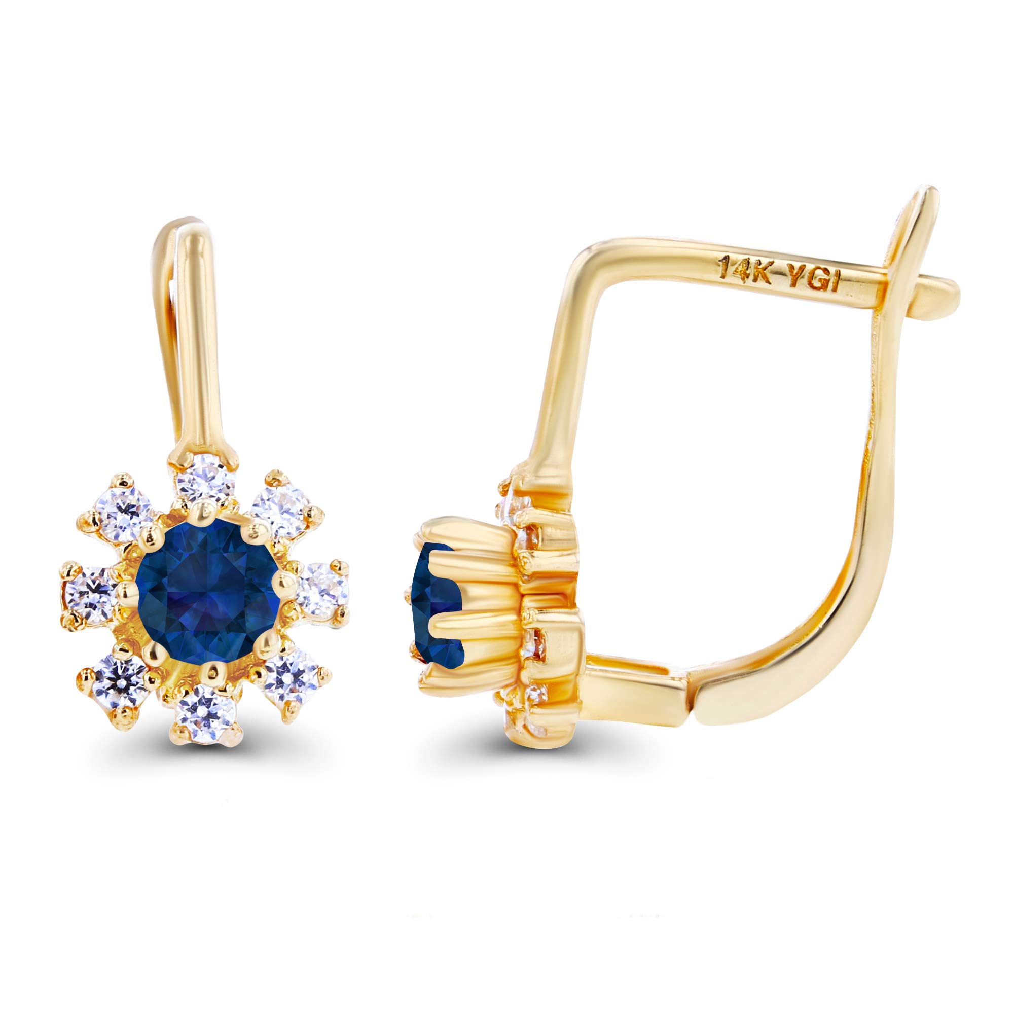 Solid 14K Yellow Gold Round 3mm Created Blue Sapphire September Birthstone Flower Huggie Earrings For Women & 1mm Created White Sapphire Flower Huggie Hoop Earrings For Women