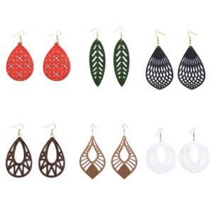 6 pairs ethnic wooden dangle earrings bohemian wooden hollow african drop earrings sets lightweight african style wood teardrop hook earrings retro natural wood statement earrings jewelry