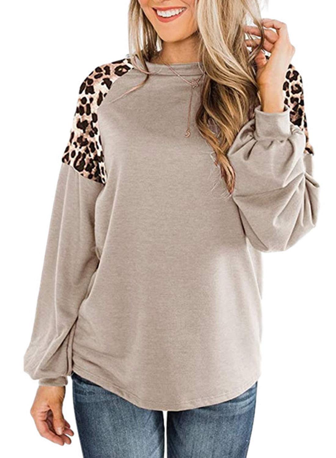 LEIYEE Fall Leopard Print Long Sleeve Tops for Women Plus Size 2024 Trendy Dressy Casual Work Animal Cheetah Tunic Shirts Sweatshirts Khaki 2X XXL