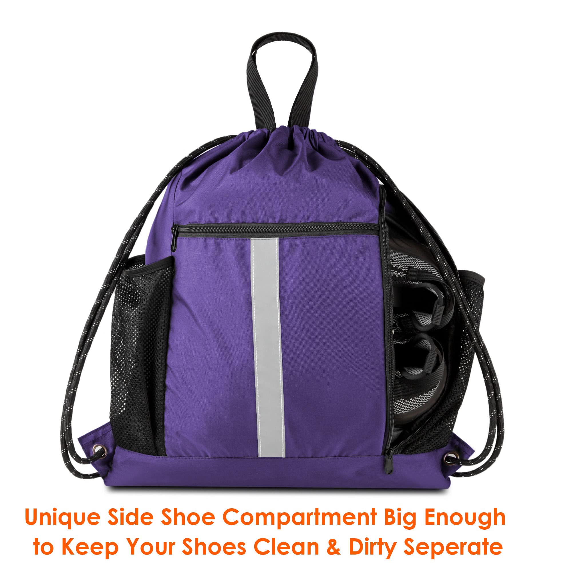 BeeGreen Purple String Bag Sack Gym Backpack with Shoe Compartment and Two Water Bottle Holder for Men Women Lightweight Durable Drawstring Cinch Sackpack