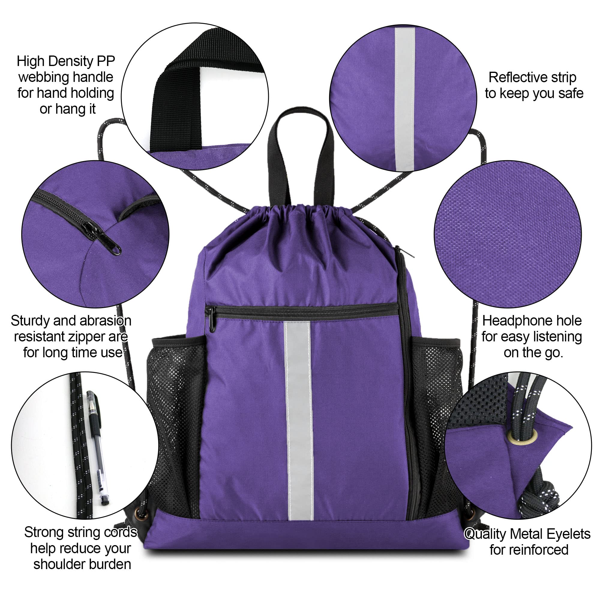 BeeGreen Purple String Bag Sack Gym Backpack with Shoe Compartment and Two Water Bottle Holder for Men Women Lightweight Durable Drawstring Cinch Sackpack