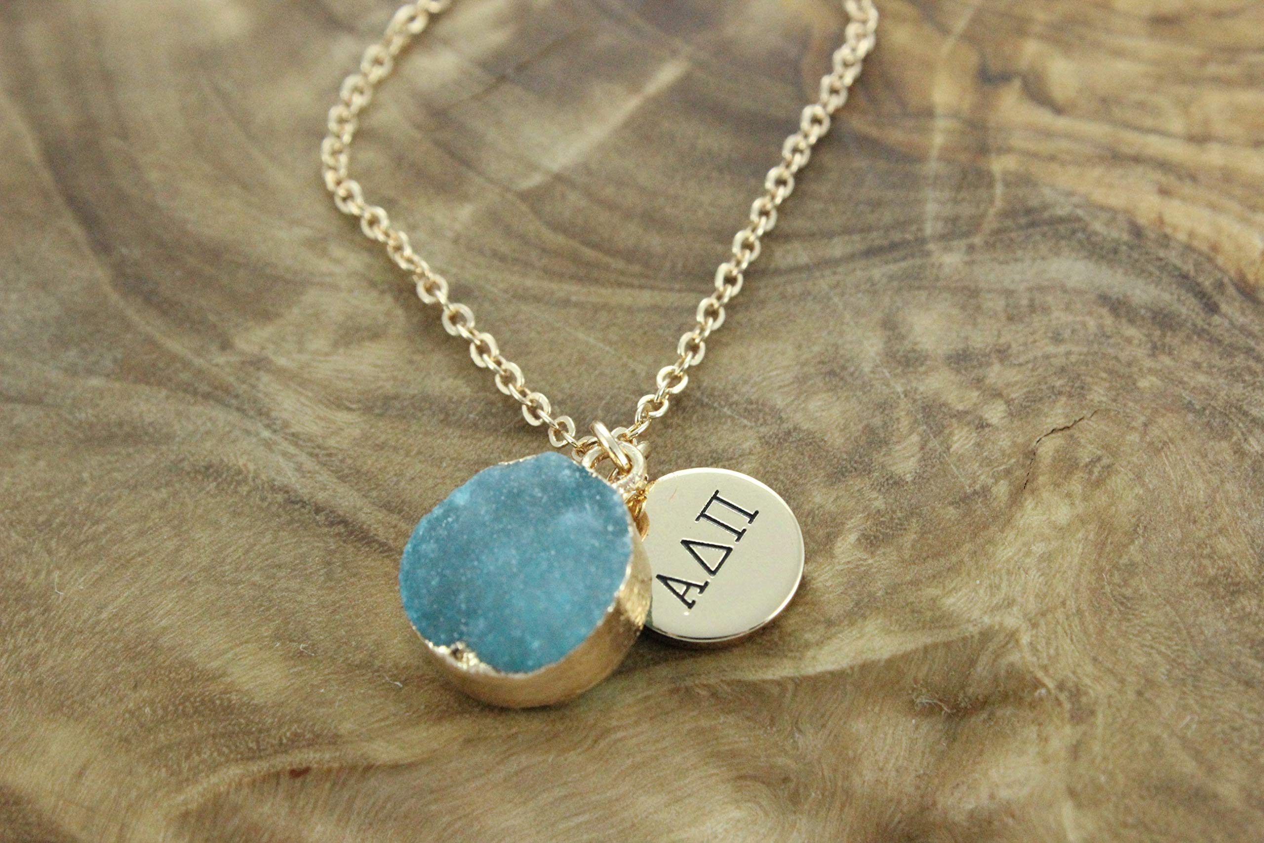 Sorority Shop ADP Necklace - Alpha Delta Pi Blue Druzy Gemstone Necklace With Engraved Pendant – 14K Gold Dipped Jewelry with Blue Gemstone – Sorority Gift, Charm Paraphernalia