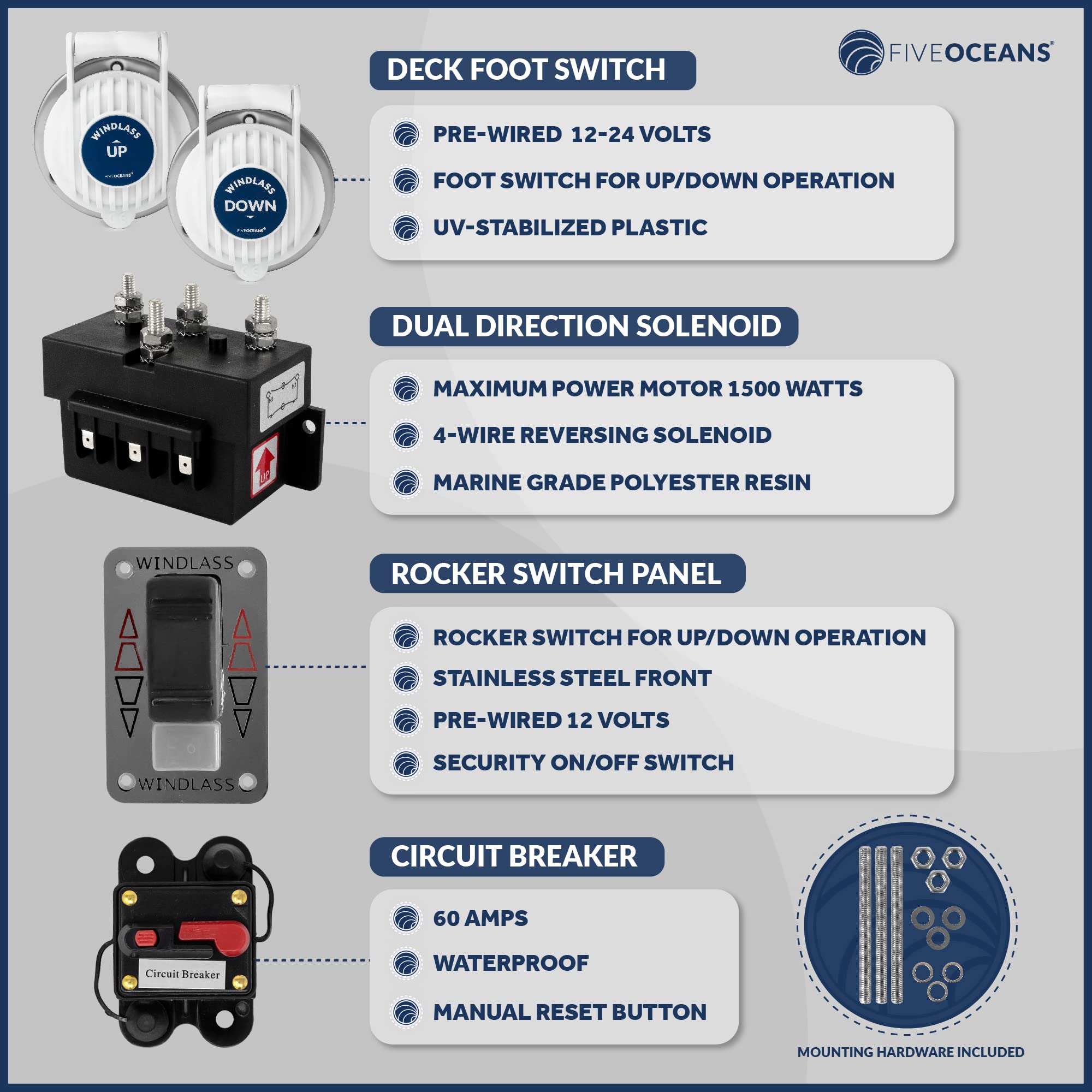 Five Oceans Horizontal Windlass Anchor System, Windlass Atlantic 600 Watts, 12V DC, Max Limit Pulling Power 1200 Lb, Solenoid, 60A Circuit Breaker, Up/Down Foot Switch and Rocker Switch - FO3930