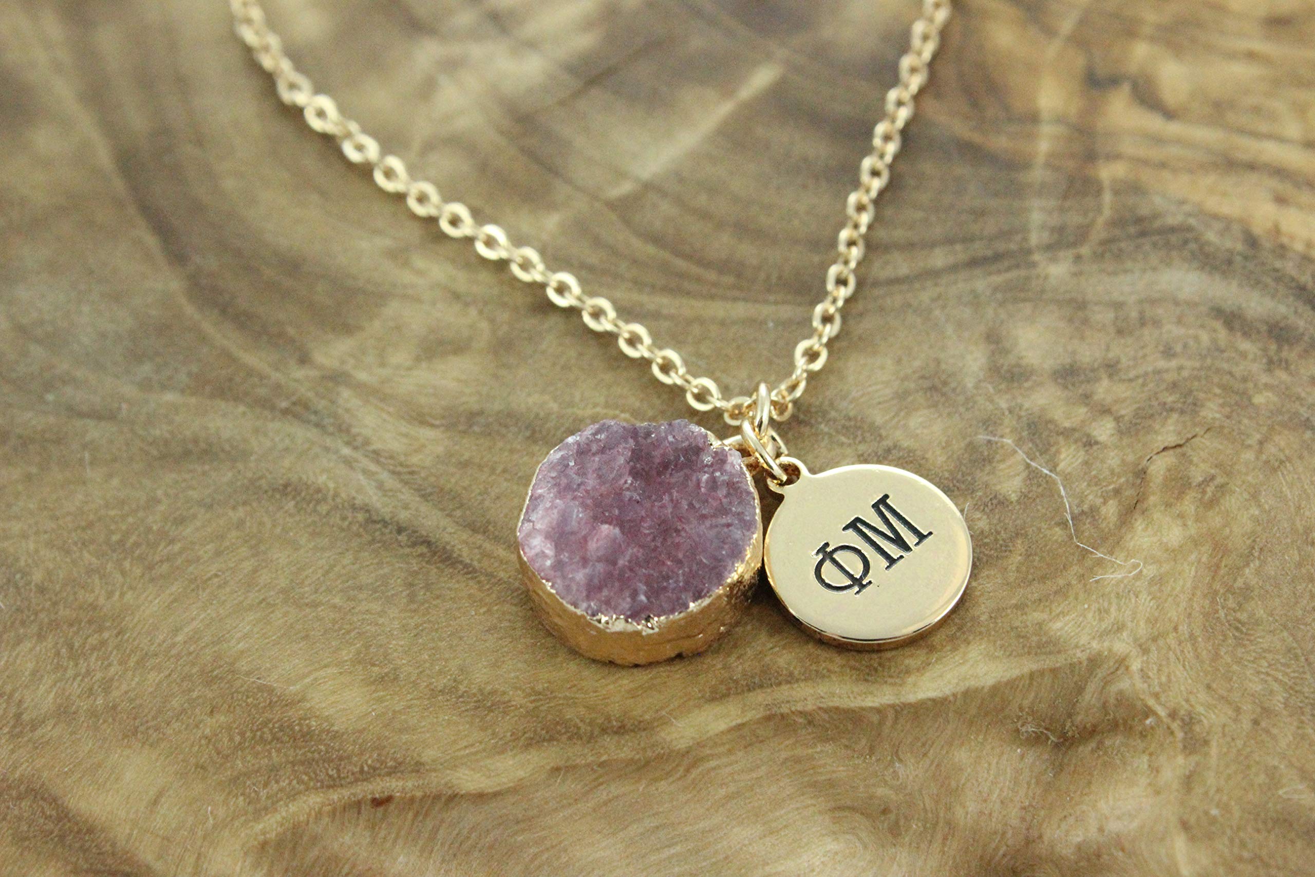 Sorority Shop PM Necklace - Phi Mu Pink Druzy Gemstone Necklace With Engraved Pendant – 14K Gold Dipped Jewelry with Pink Gemstone – Sorority Gift, Charm Paraphernalia