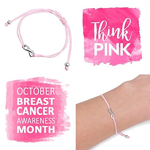 Claudia Lira Joyas Pink Breast Cancer Awareness Thread Friendship Support Bracelet, Small Handmade Sterling Silver Ribbon Shaped Charm, Adjustable Cord