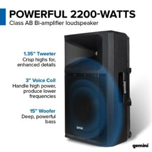 Gemini Sound GSP-2200: Elite 2200W 15" Active DJ PA Speaker with Bluetooth Stereo, Integrated 3-Channel Mixer, and Durable Design – Ideal for Music Hobbyists and Part-Time DJs