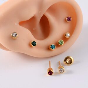 12Pairs Mixed Birthstone Colors Surgical Steel Gold Color Regular Size Ear piercing Earrings studs For Ear Stud Piercing Gun (12 Pairs Gold 4mm Top Size)