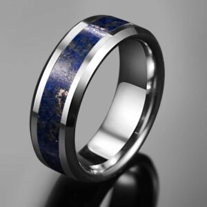 Vakki 8mm Lapis Lazuli Tungsten Carbide Ring Beveled Edges Wedding Band Comfort Fit Size 9