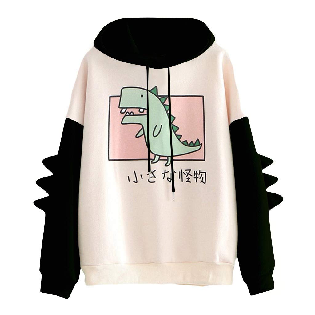 Boxinay Women's Teen Girls Cute Dinosaur Long Sleeve Hoodies Casual Loose Sweaters Hooded Sweatshirts Pullover Tops Shirts Black