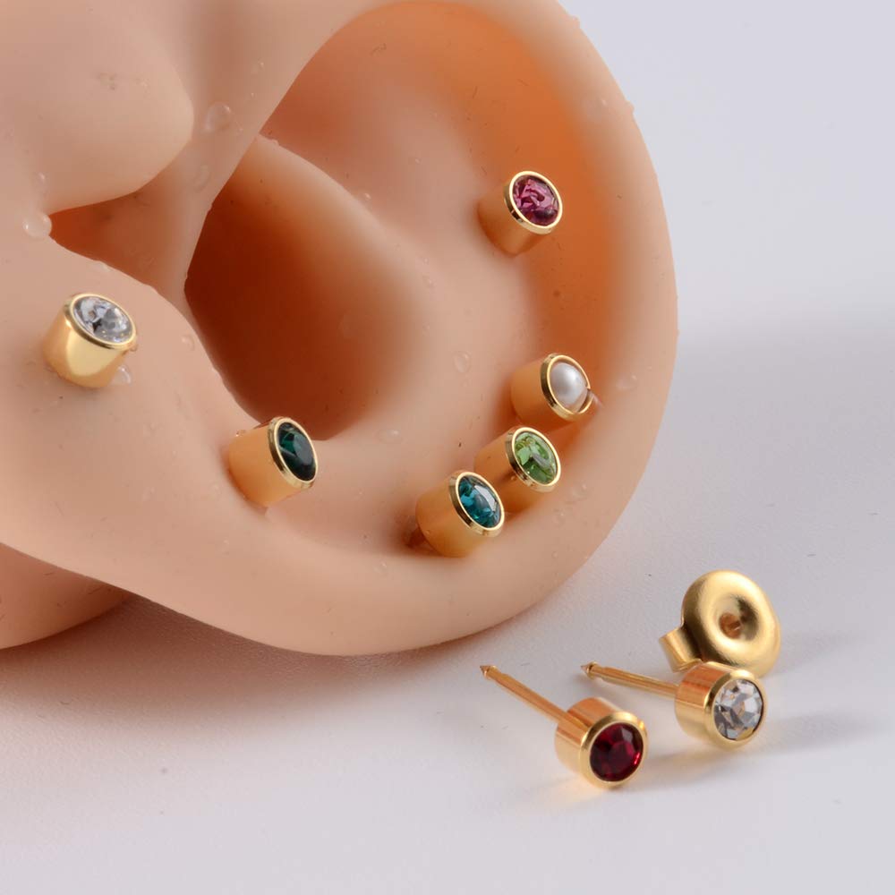 12Pairs Mixed Birthstone Colors Surgical Steel Gold Color Regular Size Ear piercing Earrings studs For Ear Stud Piercing Gun (12 Pairs Gold 4mm Top Size)