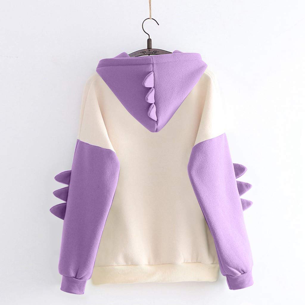 Boxinay Women's Teen Girls Cute Dinosaur Long Sleeve Hoodies Casual Loose Sweaters Hooded Sweatshirts Pullover Tops Shirts Purple