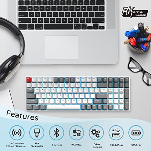 RK ROYAL KLUDGE RK100 Wireless Mechanical Keyboard RGB Backlit Bluetooth5.1/2.4G/Wired 96% Full Size 100-Key Hot-swap Gaming Keyboard with 3 USB Ports Brown Switch for Mac Windows Classic