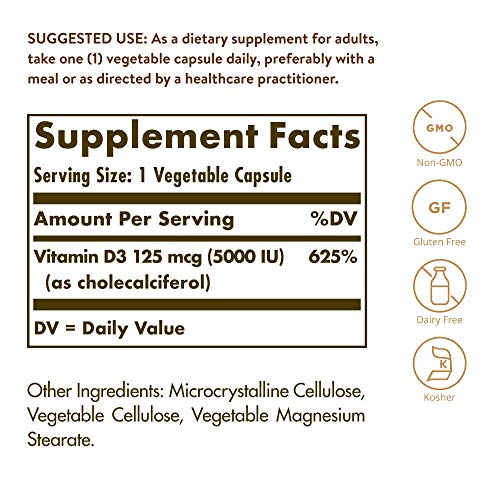 Solgar Vitamin D3 Cholecalciferol 125 mcg 5000 IU Vegetable Capsules Helps Maintain Healthy Bones Teeth Immune System Support Non GMO Gluten Free Dairy Free Kosher Servings - 360 Count