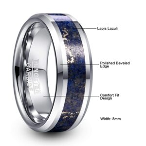 Vakki 8mm Lapis Lazuli Tungsten Carbide Ring Beveled Edges Wedding Band Comfort Fit Size 9