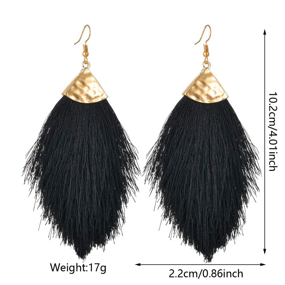 Fashion Bohemian Silky Thread Fan Fringe Tassel Statement Earrings - Lightweight Strand Feather Shape Dangles Earring 4 pcs (Black+White+Beige+Dark red)