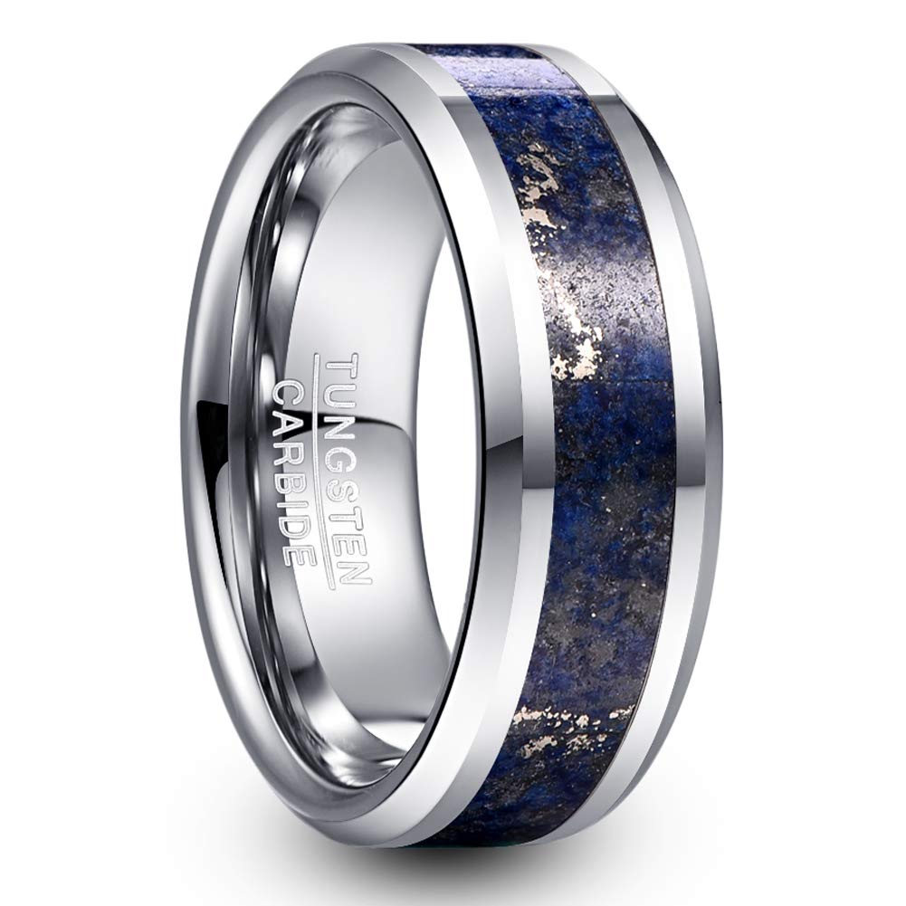 Vakki 8mm Lapis Lazuli Tungsten Carbide Ring Beveled Edges Wedding Band Comfort Fit Size 9