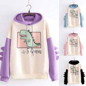 Boxinay Women's Teen Girls Cute Dinosaur Long Sleeve Hoodies Casual Loose Sweaters Hooded Sweatshirts Pullover Tops Shirts Pink