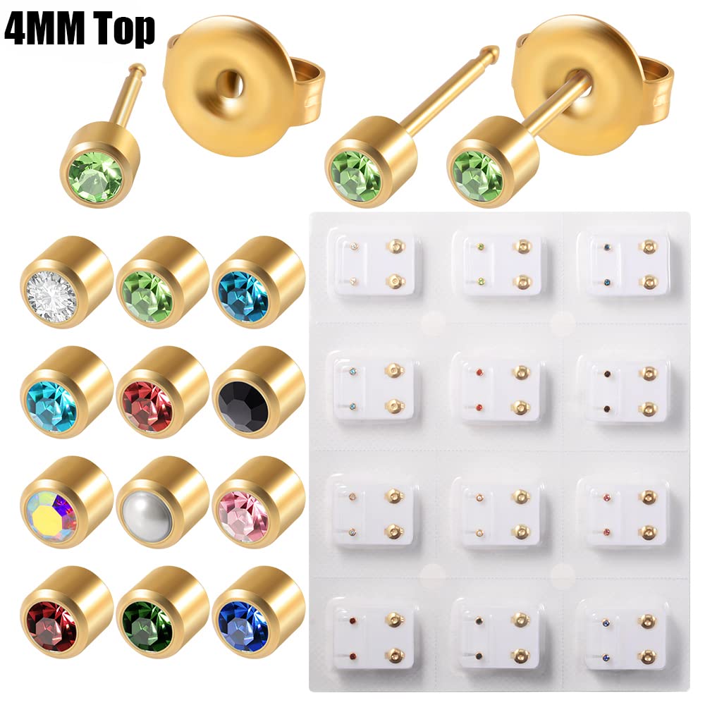 12Pairs Mixed Birthstone Colors Surgical Steel Gold Color Regular Size Ear piercing Earrings studs For Ear Stud Piercing Gun (12 Pairs Gold 4mm Top Size)