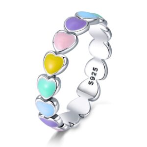 Qings 925 Sterling Silver Endless Love Heart Ring Rainbow Heart Color Heart to Heart Exquisite Fashion Ring as a Gift for Girlfriend