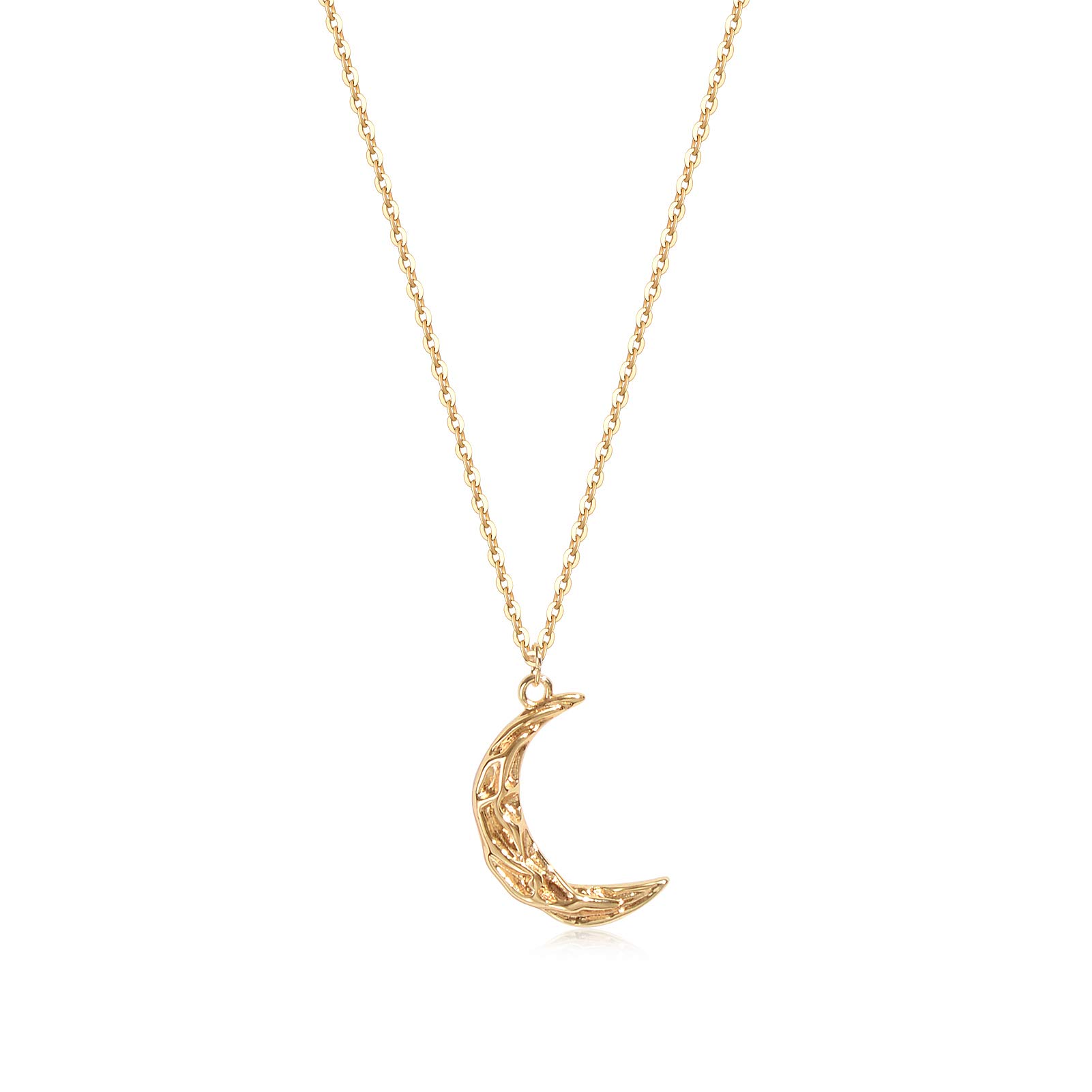 Carved Gold Moon Pendant Necklace for Women,14K Gold Plated Dainty Chain Crescent Moon Necklace Hammered Half Moon Jewelry