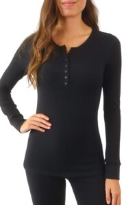 pure look women's long sleeve waffle knit stretch cotton thermal underwear shirt, large, henley black