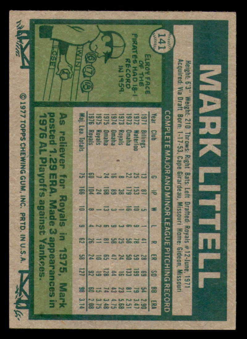 1977 Topps #141 Mark Littell Kansas City Royals MLB Baseball Card NM Near Mint